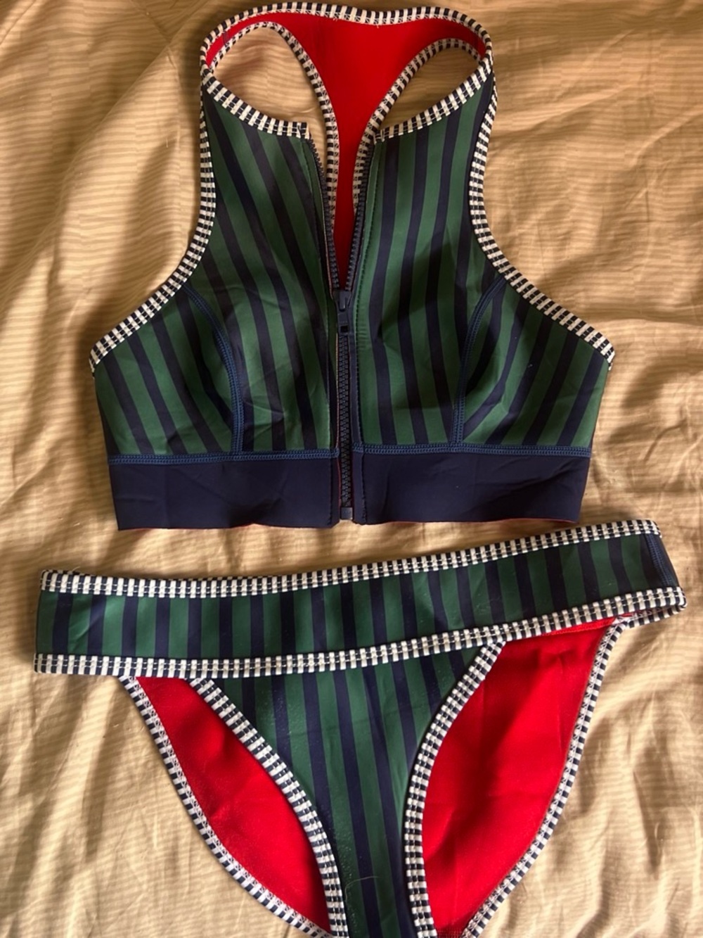 Striped Green & Navy Zipper Sports Bikini Set